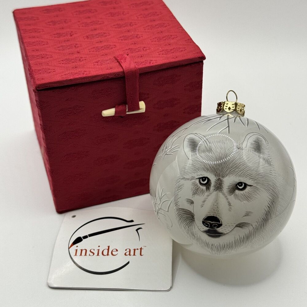 Vintage 1999 FIGI Inside Art Wolf Reverse Painted Glass Christmas Ornament Box